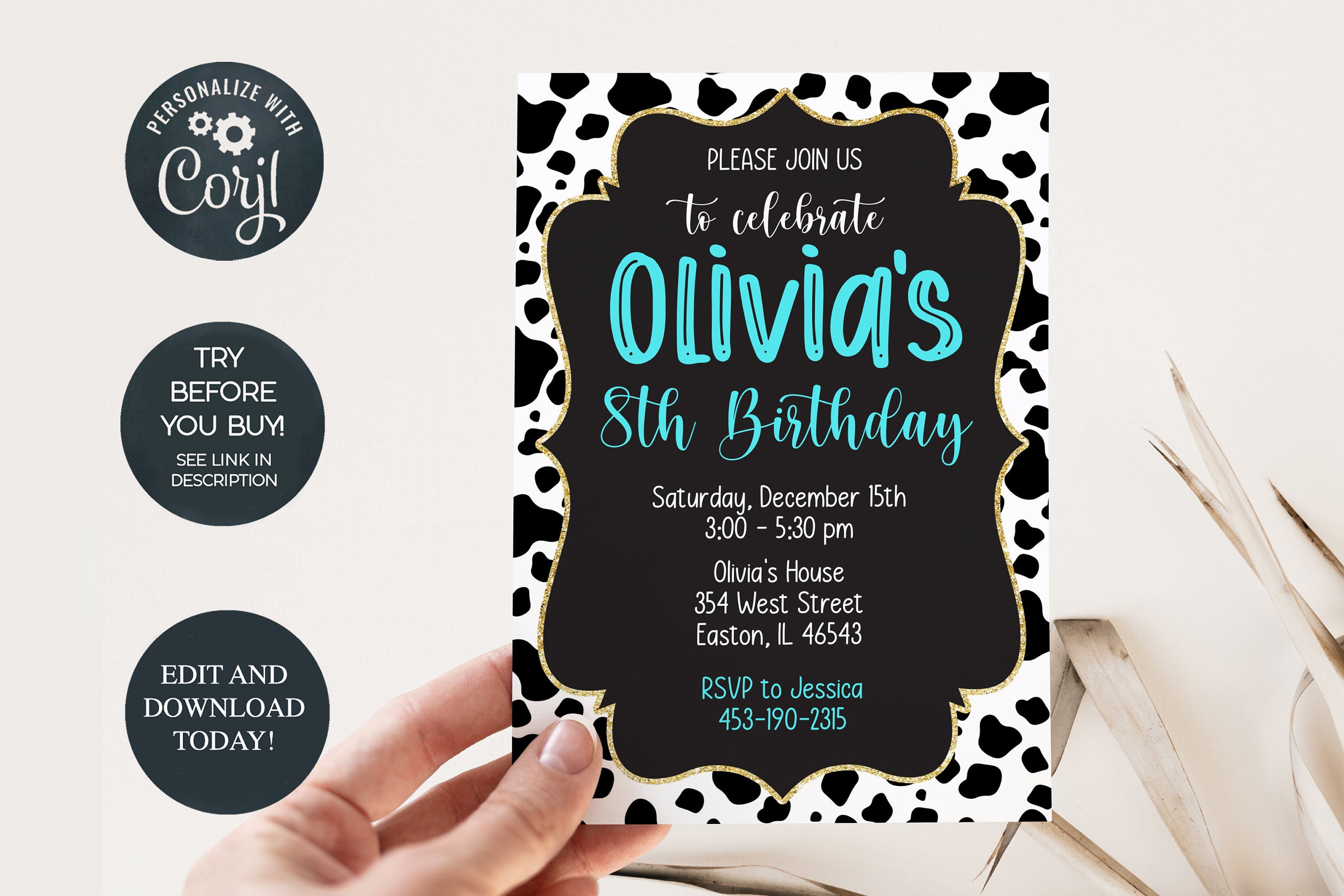Cow Birthday Party Invitation, Gold, Teal, Blue, Aqua, Girl, Farm, Cow, Birthday Invitation, Invite, Cow Print, Editable, INSTANT DOWNLOAD