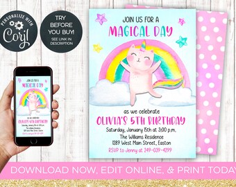 May include: A pink and blue birthday invitation featuring a watercolour illustration of a unicorn cat on a rainbow. The text reads "Join us for a magical day as we celebrate Olivia's 5th Birthday".