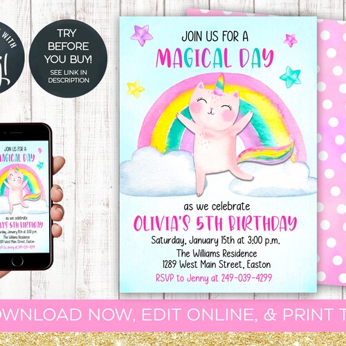 INSTANT DOWNLOAD Caticorn Birthday Party Invitation Cat - Etsy
