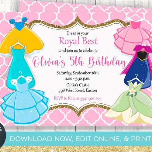 Princess Dress Birthday Party Invitation Royal Princess Etsy