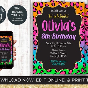 Cheetah Rainbow Birthday Party Invitation, Neon, Cheetah, Leopard, Animal Print, Rainbow, Gold, Teen, Tween, Birthday, INSTANT DOWNLOAD