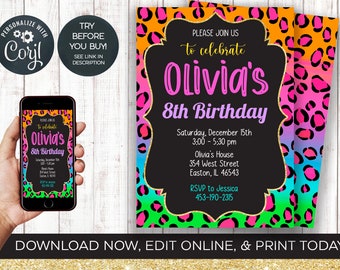 Cheetah Rainbow Birthday Party Invitation, Neon, Cheetah, Leopard, Animal Print, Rainbow, Gold, Teen, Tween, Birthday, INSTANT DOWNLOAD
