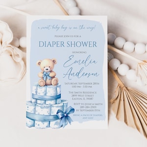 Invito per baby shower con pannolino per neonato, invito per baby shower, baby shower con orsetto, pannolini e salviette, digitale o stampato