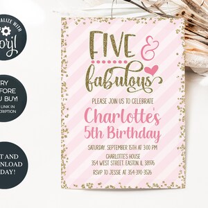 Inbjudan till Fem och Fabulous-födelsedagsfest, Fem, Fabulous, 5-årsdag, 5:e, Flicka, Rosa, Guld, Redigerbar, DIREKT NEDLADDNING