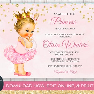 Pink Princess Tutu Ballerina Baby Shower Invitation, Baby Shower, Baby Girl, Doll, Tutu, Dress, Pink, Gold, Digital, Instant Download