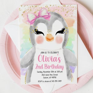 Penguin Girl Birthday Party Invitation, Penguin, Rainbow. Pastel, Gold, Invitation, Glitter, Watercolor, Baby Girl, Digital or Printed