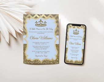 Invitación para baby shower de príncipe, príncipe real, bebé niño, invitación para baby shower, dorado y azul, plantilla editable, digital, descarga instantánea