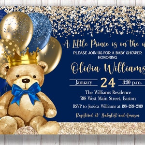 Bear Prince Baby Shower Invitation, Bear, Prince, Teddy Bear, Royal, Baby Boy, Boy, Little Prince, Shower, Digital or Printed