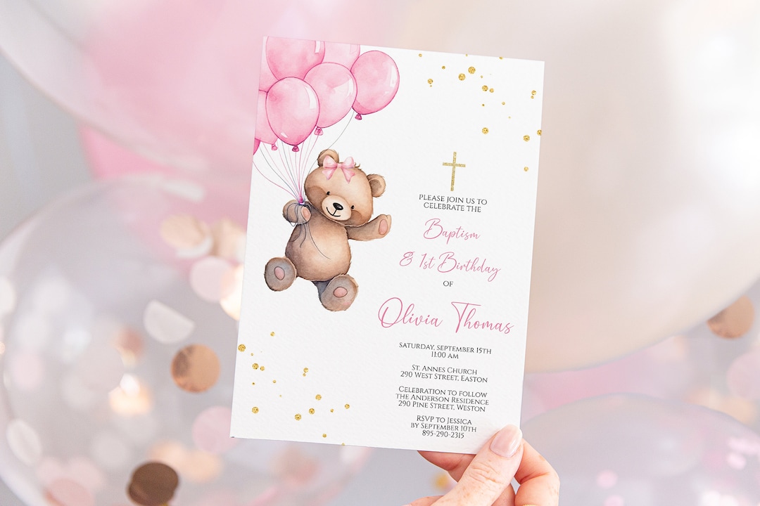 Instant Download, Teddy Bear Girl 1st Birthday and Baptism Invitation ...