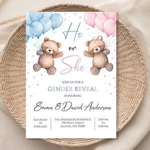 Invito alla festa per rivelare il genere dell'orsacchiotto, Baby Shower, ragazzo o ragazza, lui o lei, orsi con palloncini, invito, digitale o stampato