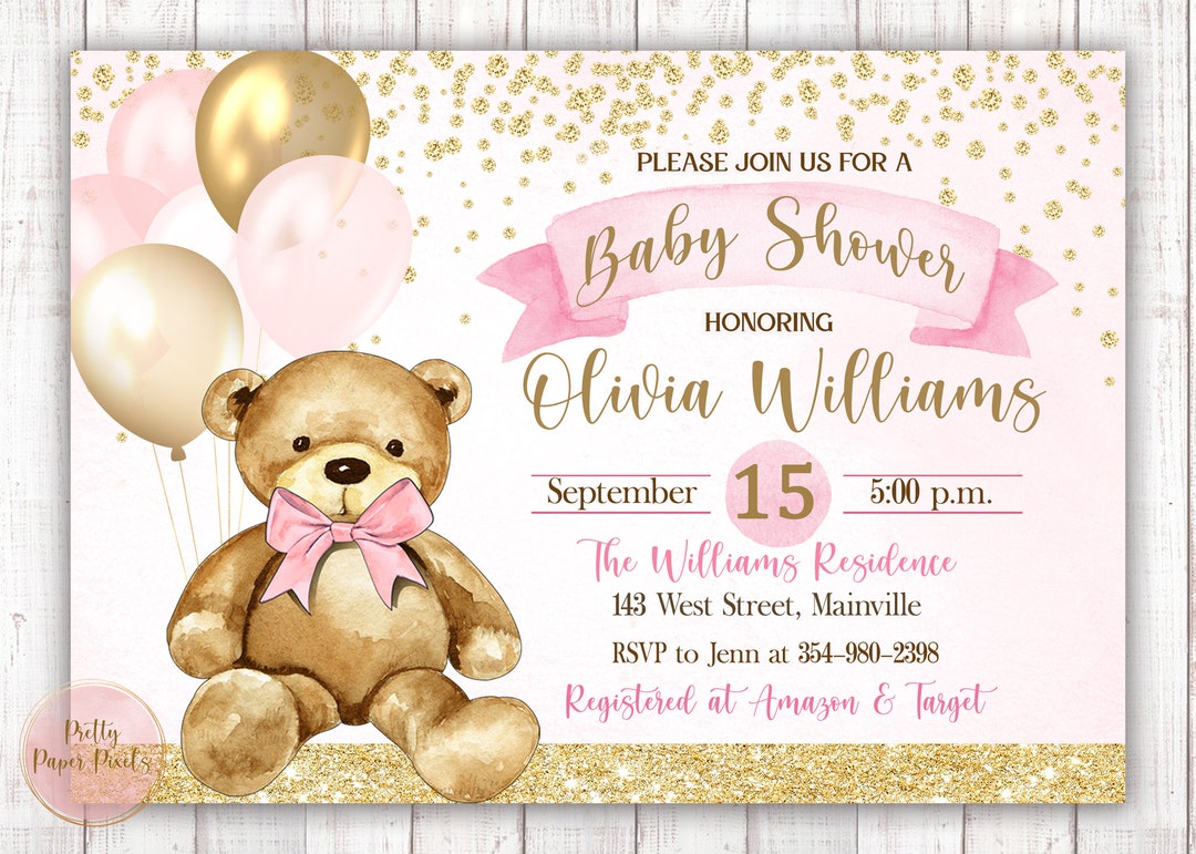 Teddy Bear Baby Shower Invitation, Girl, Baby Girl, Baby Shower, Girl