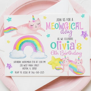 Invitation de fête d&#39;anniversaire Caticorn, chat, licorne, arc-en-ciel, Caticorn, chat et licorne, miaou, magique, fête, inviter, numérique ou imprimé