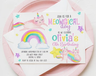 May include: A colorful invitation for a 6th birthday party with a rainbow, clouds, and unicorn cats. The text reads "Join us for a Meowgical day as we celebrate Olivia's 6th Birthday".
