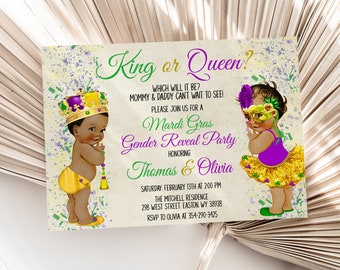 May include: A Mardi Gras themed gender reveal party invitation with a purple, gold and green colour scheme. The invitation features a cartoon illustration of a baby boy wearing a gold crown and a baby girl wearing a purple mask and a gold tutu. The text on the invitation reads "King or Queen?" and "Mardi Gras Gender Reveal Party honouring Thomas & Olivia".