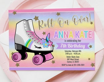 Unicorn Roller Skate Birthday Party Invitation, Unicorn, Skating, Roller Skate Unicorn, Birthday, Rainbow Unicorn, Digital or Printed