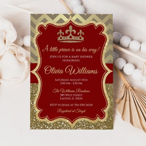 Invito per baby shower a tema principe, principe, re, rosso e oro, baby shower, bambino, neonato, digitale o stampato