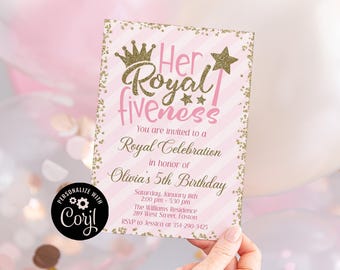 Royal Fiveness 5th Birthday Invitation, Fifth Birthday, 5th, Five, Princess, Girl, Royal, Pink Gold, Editable Template, INSTANT DOWNLOAD
