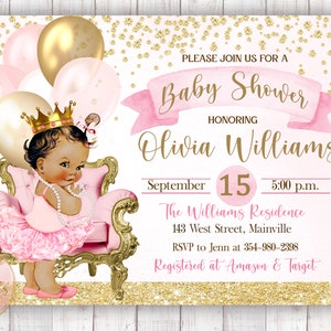 ANY SKIN TONE, Princess Baby Shower Invitation, Tutu, Ballerina, Pink, Gold, Girl, Baby Girl, Baby Shower, Invitation, Digital or Printed