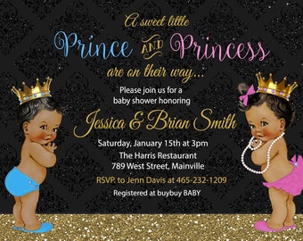 Prince, Princess, Twins, Baby Shower, Invitation, Pink, Blue, Gold, Boy, Girl,, Digital or Printed