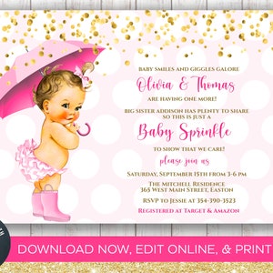 Girl Baby Sprinkle Invitation, Baby Girl Sprinkle, Baby Shower, Sprinkle, Girl, Umbrella, Rain, Boots, Editable, INSTANT DOWNLOAD