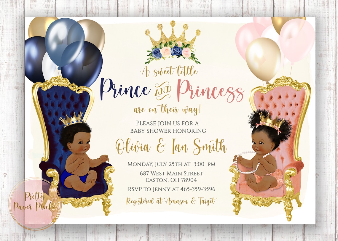Prince Princess Baby Shower Invitation, Twins, Boy and Girl, Twin