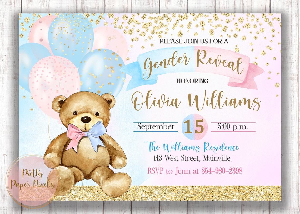 Teddy Bear Gender Reveal Invitation, Boy or Girl, Baby Boy, Baby Girl