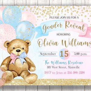 Teddy Bear Gender Reveal Invitation, Boy or Girl, Baby Boy, Baby Girl, Doccia, Oro, Rosa, Blu, Orso, Palloncini, Teddy, Digitale o Stampato