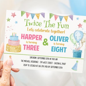 Instant Download - Joint Birthday Party Invitation - Brother and Sister Sibling Invite - Boy Girl - Digital - Editable Template