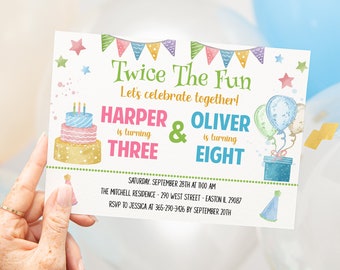 Instant Download - Joint Birthday Party Invitation - Brother and Sister Sibling Invite - Boy Girl - Digital - Editable Template