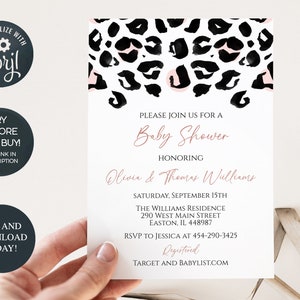 Leopard Baby Shower Invitation, Cheetah, Leopard, Baby Shower, Girl, Pink, Modern, Animal, Digital, Editable, Template, INSTANT DOWNLOAD
