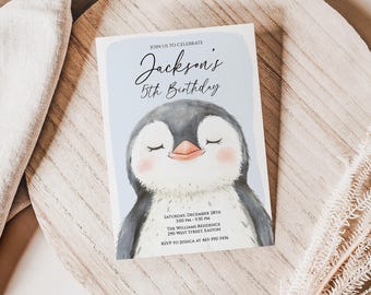 Invitación a fiesta de cumpleaños de pingüino, cumpleaños de invierno, pingüino niño, acuarela, ártico, digital o impresa