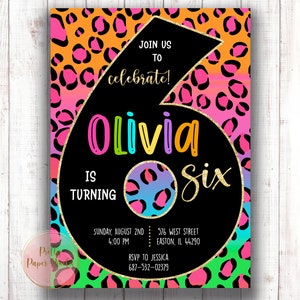 Cheetah Leopard Birthday Invitation, 6th Birthday Invitation, Safari, Six, Sixth, Girl, Rainbow, Gold, Digital or Printed