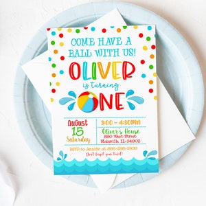 Beach Ball First Birthday Invitation, Pool Party, Summer, One, Splish Splash, Boy, Girl, First, 1st Birthday Party, Digital or Printed