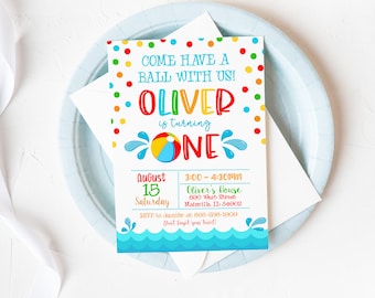 Beach Ball First Birthday Invitation, Pool Party, Summer, One, Splish Splash, Boy, Girl, First, 1st Birthday Party, Digital or Printed