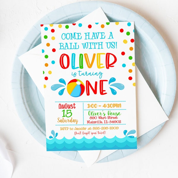 Beach Ball First Birthday Invitation, Pool Party, Summer, One, Splish Splash, Boy, Girl, First, 1st Birthday Party, Digital or Printed