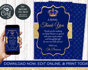 Prince Baby Shower Thank You Card, Royal, King, Baby Shower, 4x6, Editable, INSTANT DOWNLOAD
