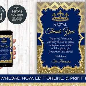 Prince Baby Shower Thank You Card, King, Prince, Royal, Baby Shower, Thank You, Crown, Boy, Baby, Editable, INSTANT DOWNLOAD