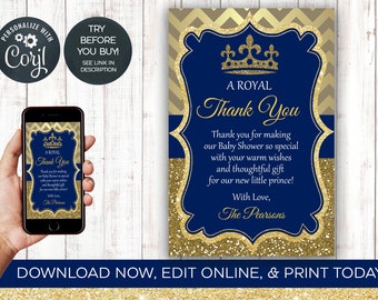 Prince Baby Shower Thank You Card, King, Prince, Royal, Baby Shower, Thank You, Crown, Boy, Baby, Editable, INSTANT DOWNLOAD