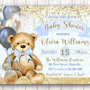 Teddy Bear Baby Shower Invito, Ragazzo, Neonato, Baby Shower, Oro, Blu, Bianco, Orso, Palloncini, Teddy, Digitale o Stampato