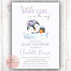 Invito baby shower a forma di pinguino, pinguino, bambina, bambina, baby shower, inverno, neve, viola, floreale, fiore, digitale o stampato