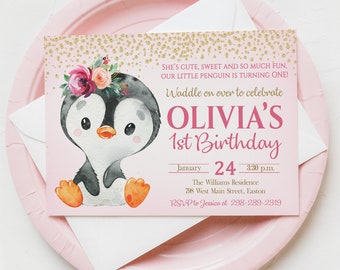 Penguin Girl First Birthday Party Invitation, Baby Girl, Girl, Penguin, Winter, Pink, Gold, One, First, 1st, Floral, Digital or Printed