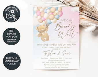 Teddy Bear Twins Baby Shower Invitation, Teddy Bear Invite, Bear Twins, Boy and Girl, Twins Shower, Twin Invite, Template, Instant Download