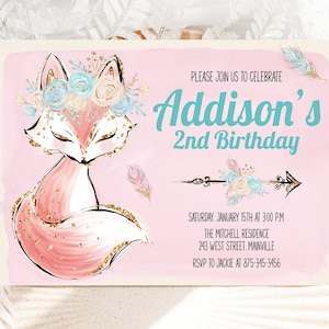 Fox Girl Birthday Party Invitation, Fox, Girl, Boho, Flower, Pink, Gold, Birthday, Invitation, Fox Party, Fox Theme, Digital or Printed