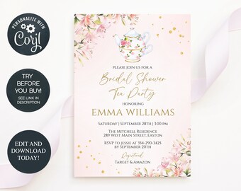 May include: A pink and gold bridal shower tea party invitation with a watercolor illustration of a teapot and flowers. The text reads "Please join us for a Bridal Shower Tea Party Honoring Emma Williams Saturday | September 28th | 3:00 PM The Mitchell Residence 289 West Main Street, Easton RSVP to Jessie at 354-290-3425 by September 20th Registered Target & Amazon"