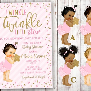 Twinkle Twinkle Little Star, Baby Shower, Invitation, Girl, Baby Girl, Pink, Gold, Vintage Baby, Twinkle, Star, Moon, Digital or Printed