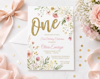 Wildflower First Birthday Invitation Girl, Pink, Gold,  Floral Invite, One Year Old, 1st Birthday, Digital or Printable Invite