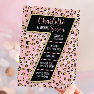 Instant Download - Pink Cheetah Print Seventh Birthday Party Invitation, Leopard Print, 7th Birthday, Seven Years, Editable Template, DIY
