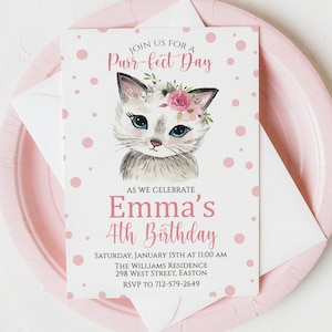 Convite de festa de aniversário de gato, gato, gatinho, menina, fofo, aquarela, gatinho, convite, convite, digital ou impresso