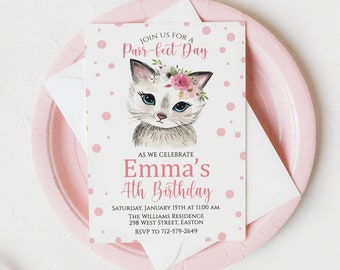 Cat Birthday Party Invitation, Cat, Kitty, Girl, Cute, Watercolor, Kitten, Invitation, Invite,  Digital or Printed