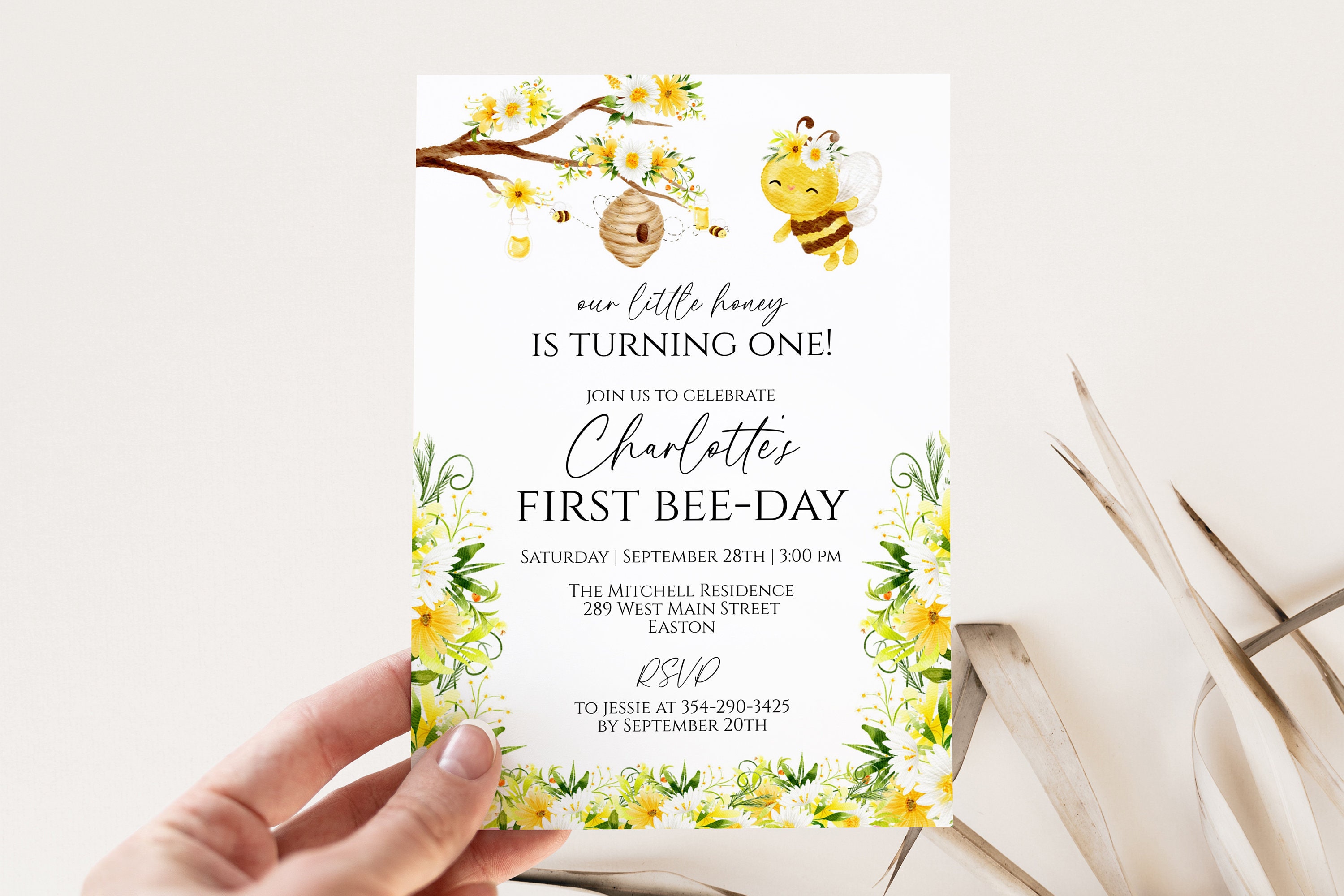 Little Honey Bee 1st Birthday Party Invitation - Editable Template ...